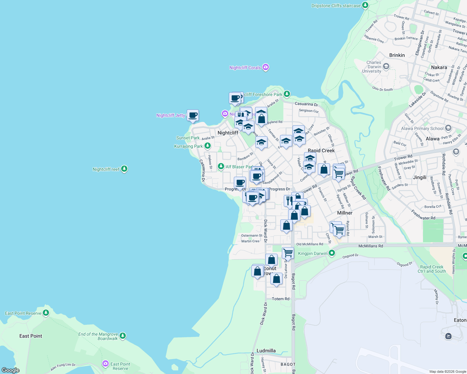 map of restaurants, bars, coffee shops, grocery stores, and more near 60 Progress Drive in Nightcliff