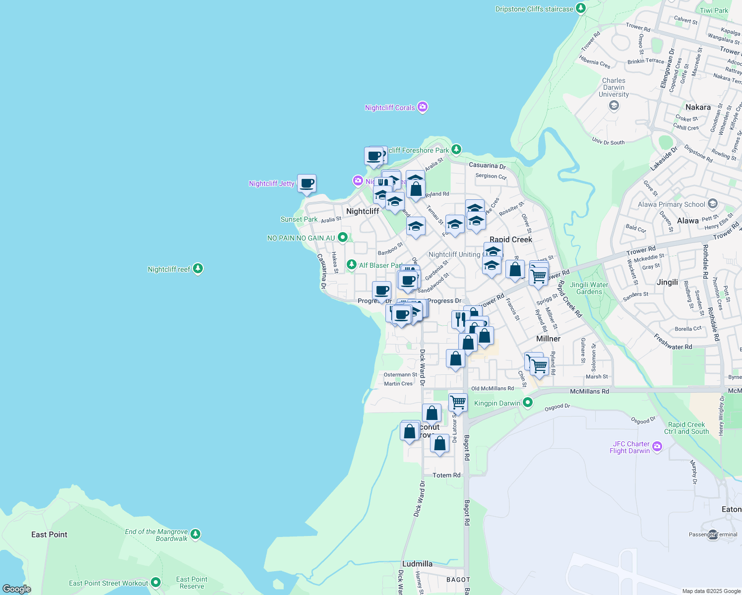 map of restaurants, bars, coffee shops, grocery stores, and more near 60 Progress Drive in Nightcliff