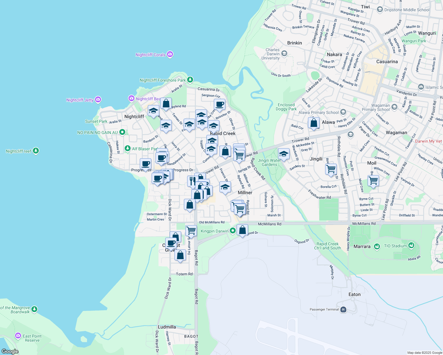 map of restaurants, bars, coffee shops, grocery stores, and more near 21 Francis Street in Millner