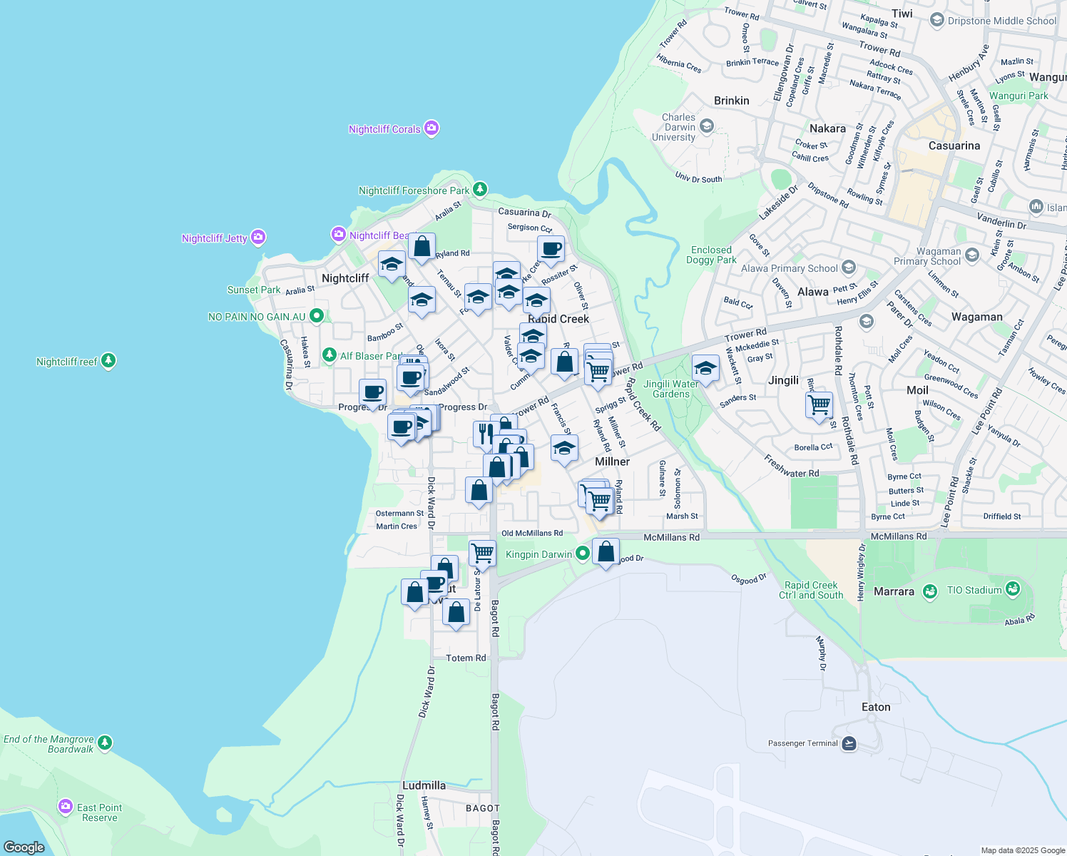 map of restaurants, bars, coffee shops, grocery stores, and more near 3 Kelsey Crescent in Millner