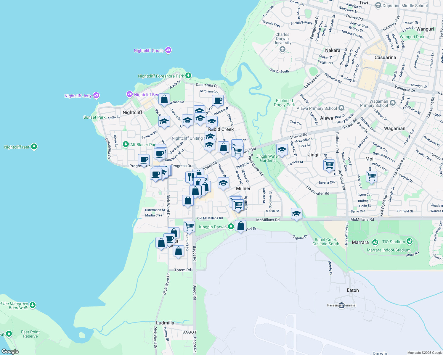 map of restaurants, bars, coffee shops, grocery stores, and more near 48-50 Sabine Road in Millner