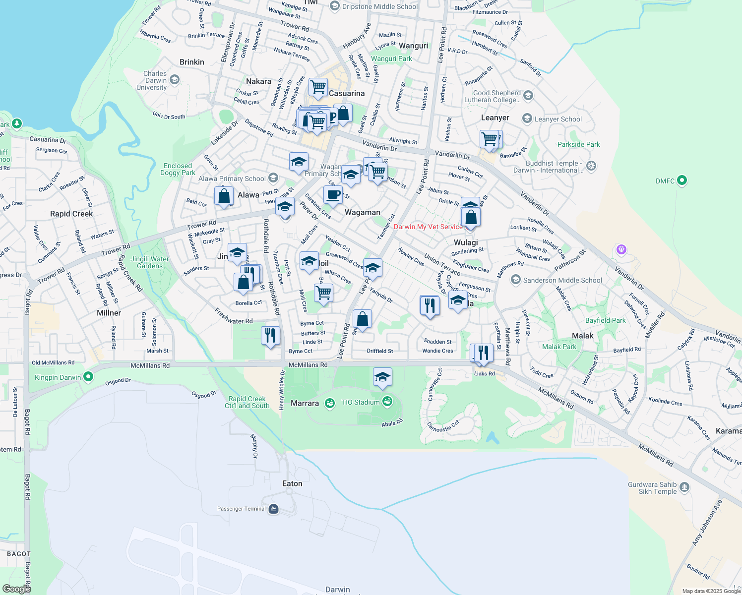 map of restaurants, bars, coffee shops, grocery stores, and more near 24 Maude Street in Anula