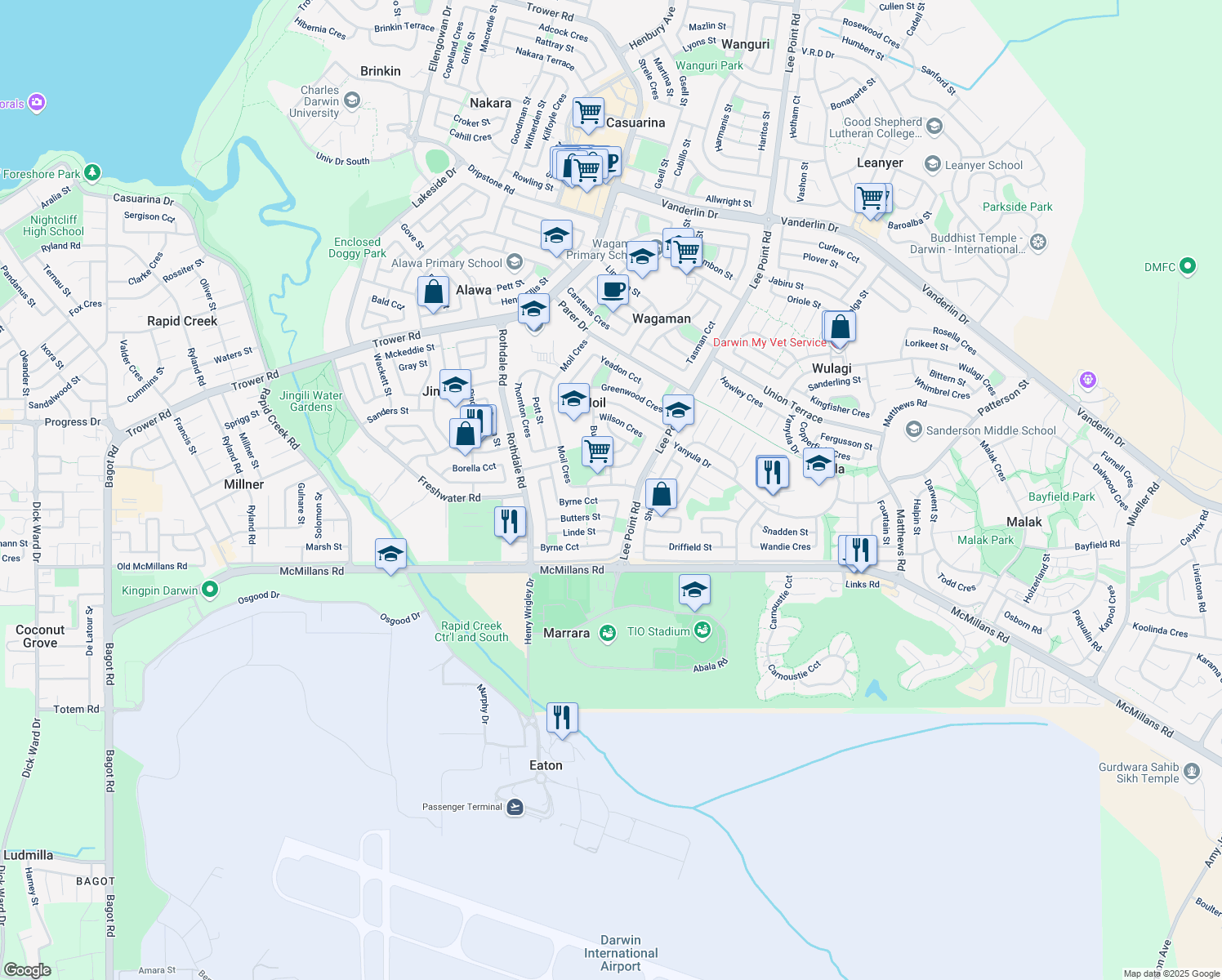 map of restaurants, bars, coffee shops, grocery stores, and more near 11 Moil Crescent in Moil