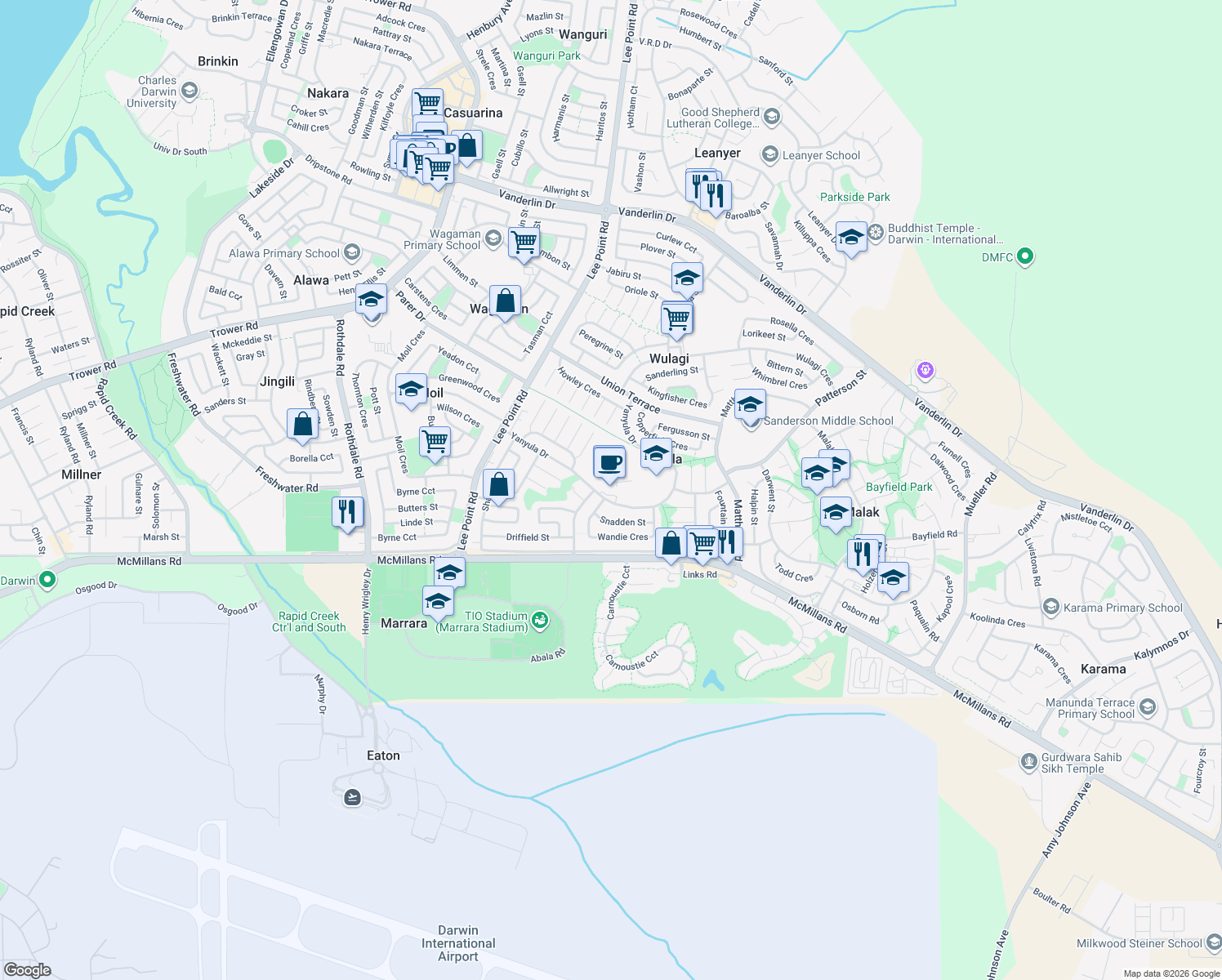 map of restaurants, bars, coffee shops, grocery stores, and more near 53 Yanyula Drive in Anula