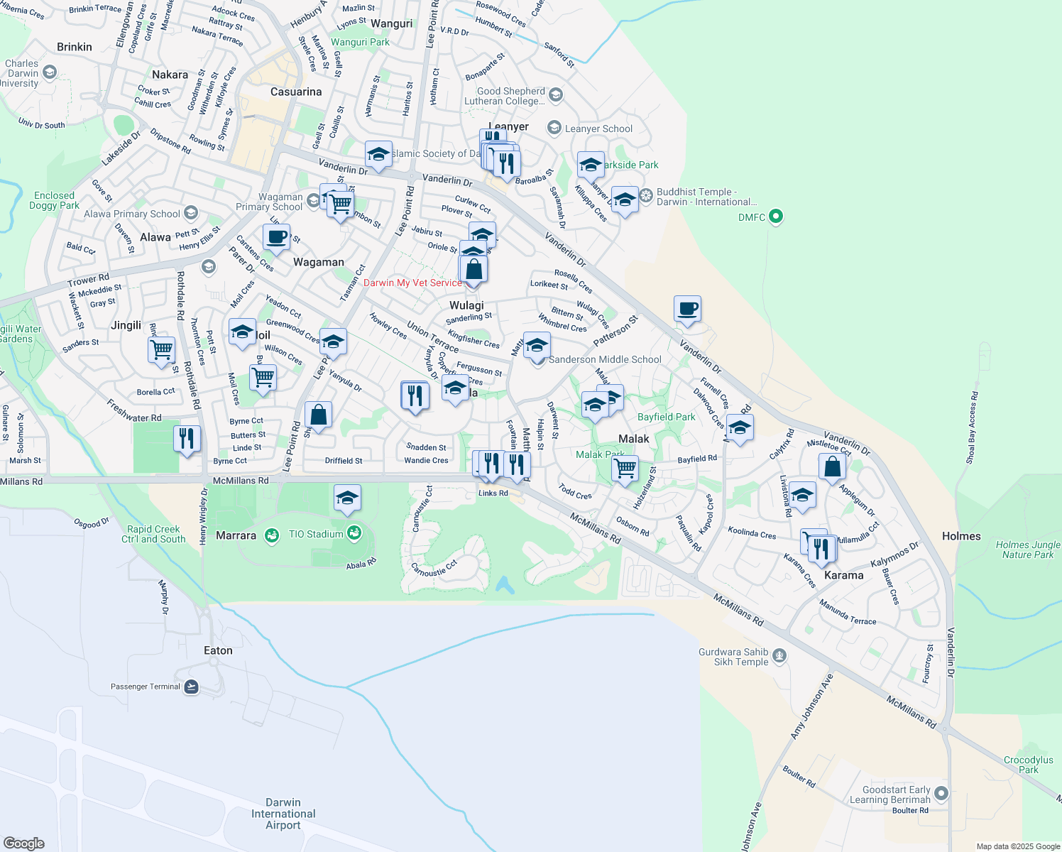map of restaurants, bars, coffee shops, grocery stores, and more near 22 Matthews Road in Malak