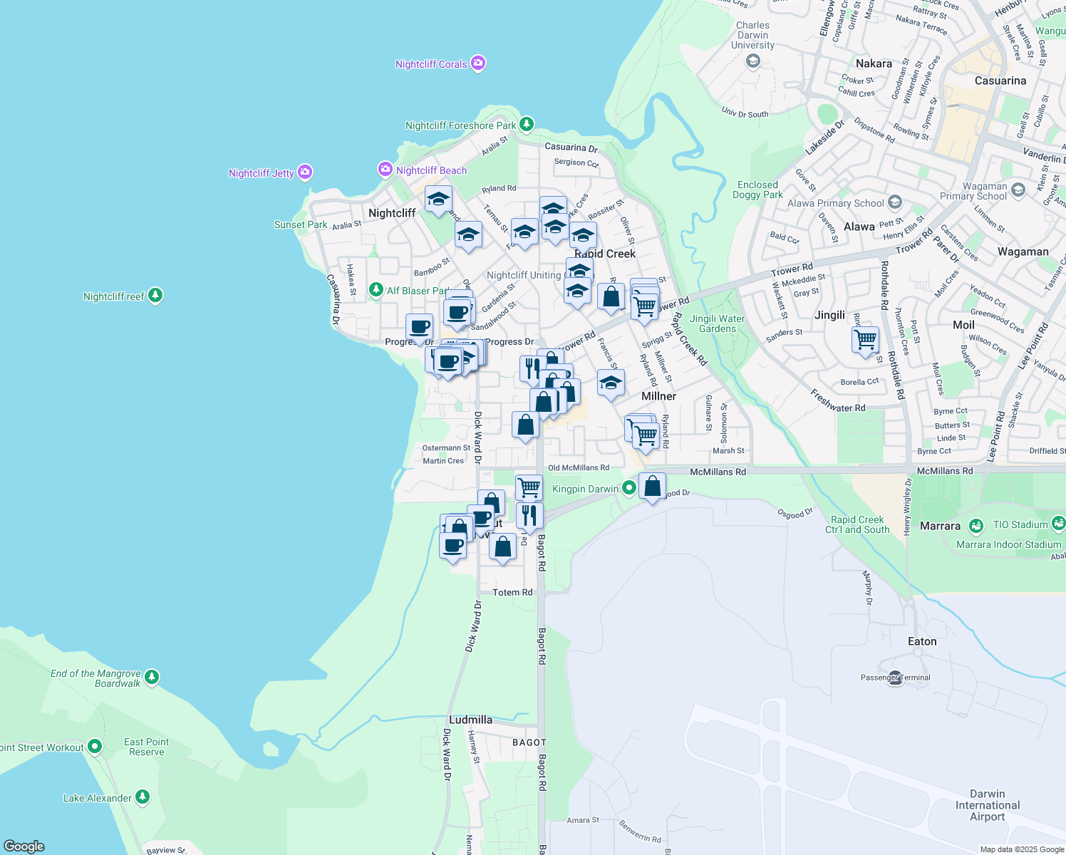 map of restaurants, bars, coffee shops, grocery stores, and more near 5 Cartwright Court in Coconut Grove