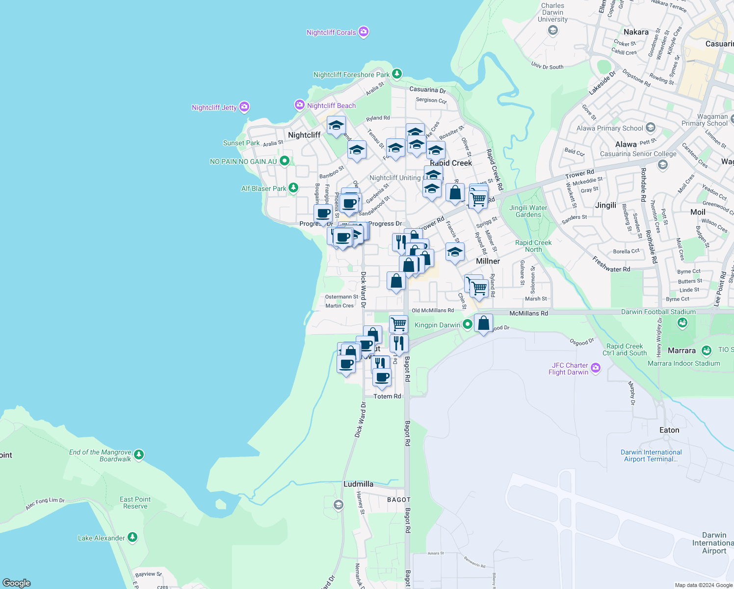 map of restaurants, bars, coffee shops, grocery stores, and more near 150 Dick Ward Drive in Coconut Grove
