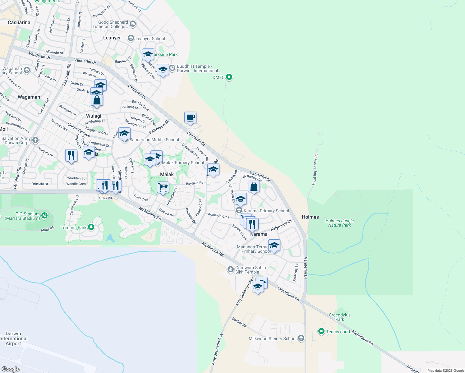 map of restaurants, bars, coffee shops, grocery stores, and more near 7 Livistona Road in Karama