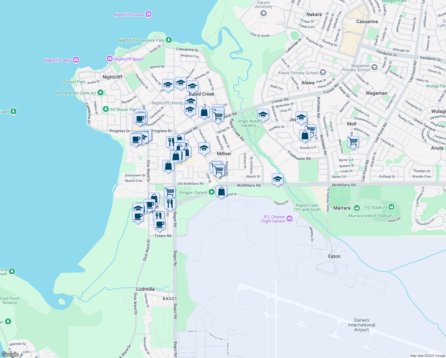 map of restaurants, bars, coffee shops, grocery stores, and more near 165 McMillans Road in Millner