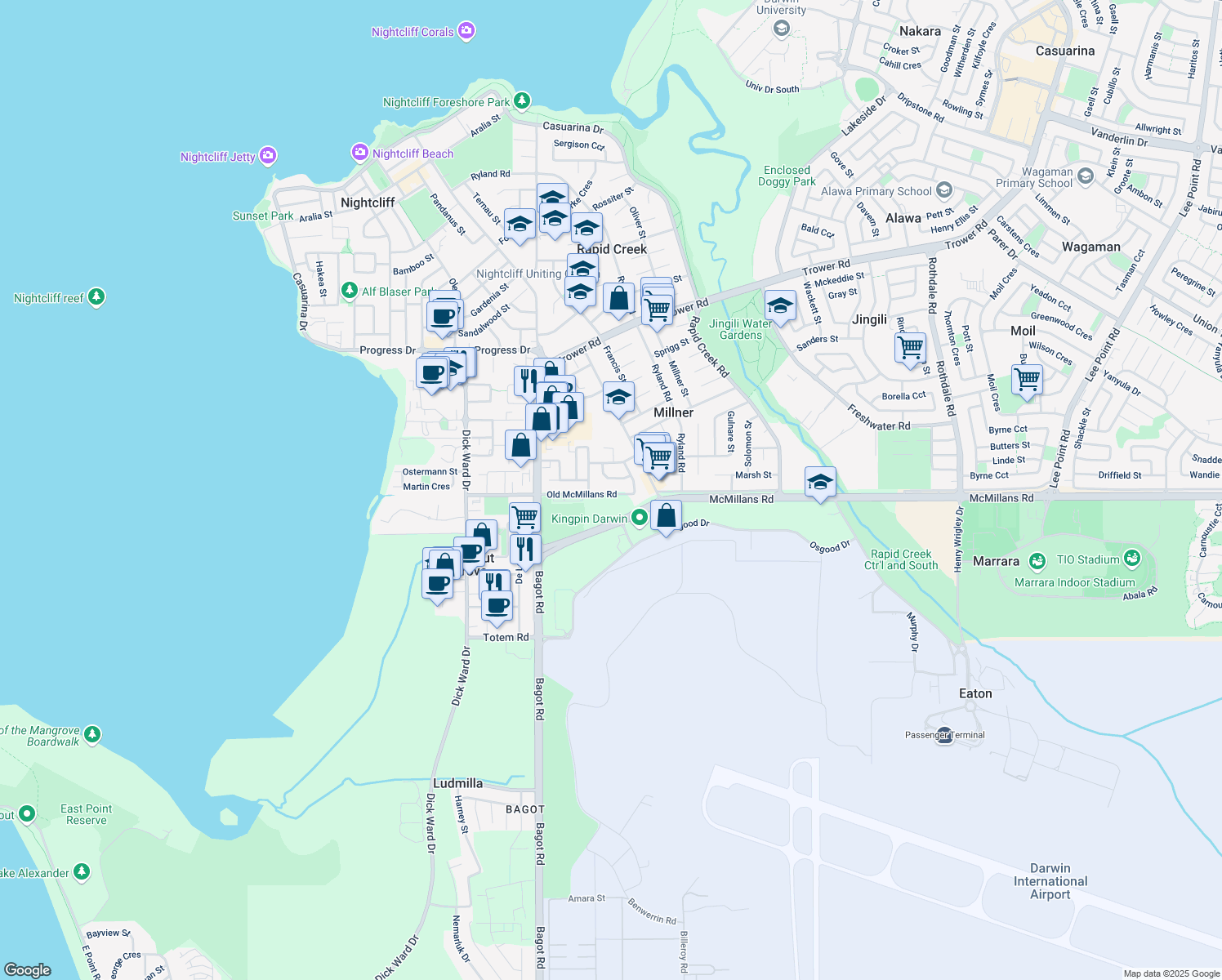 map of restaurants, bars, coffee shops, grocery stores, and more near 145 Old McMillans Road in Millner