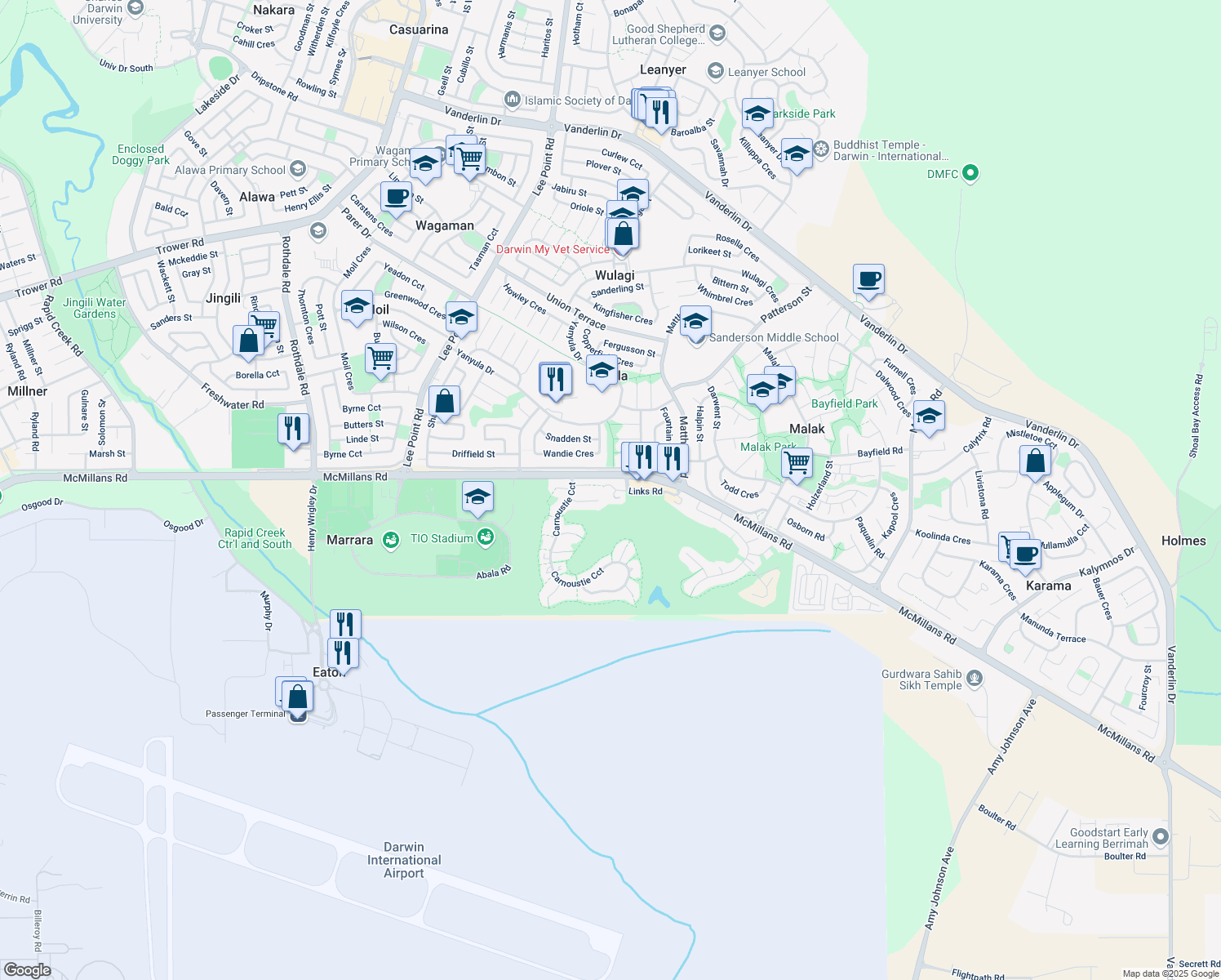 map of restaurants, bars, coffee shops, grocery stores, and more near 5 Hauser Court in Marrara