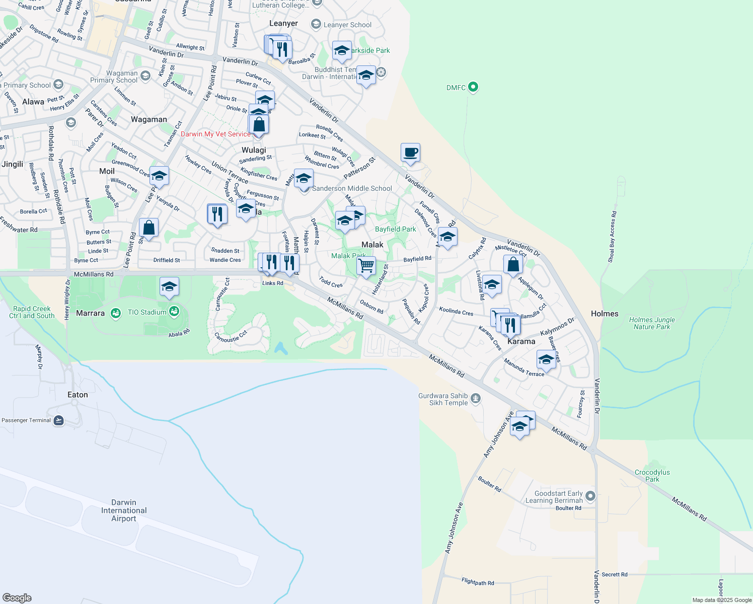 map of restaurants, bars, coffee shops, grocery stores, and more near 18 Chambers Crescent in Malak