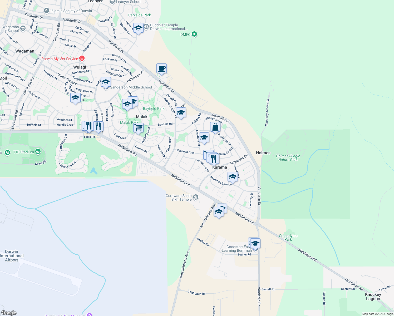 map of restaurants, bars, coffee shops, grocery stores, and more near 34 Karama Crescent in Karama