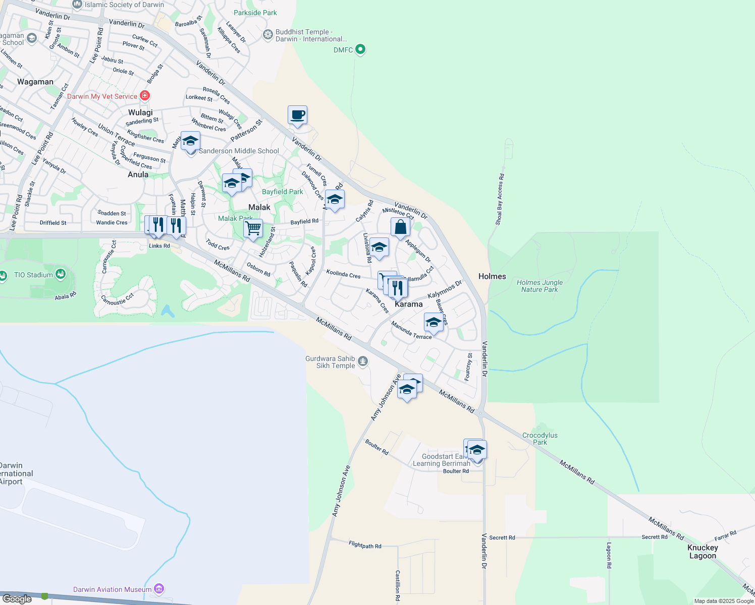 map of restaurants, bars, coffee shops, grocery stores, and more near 13 Karama Crescent in Karama