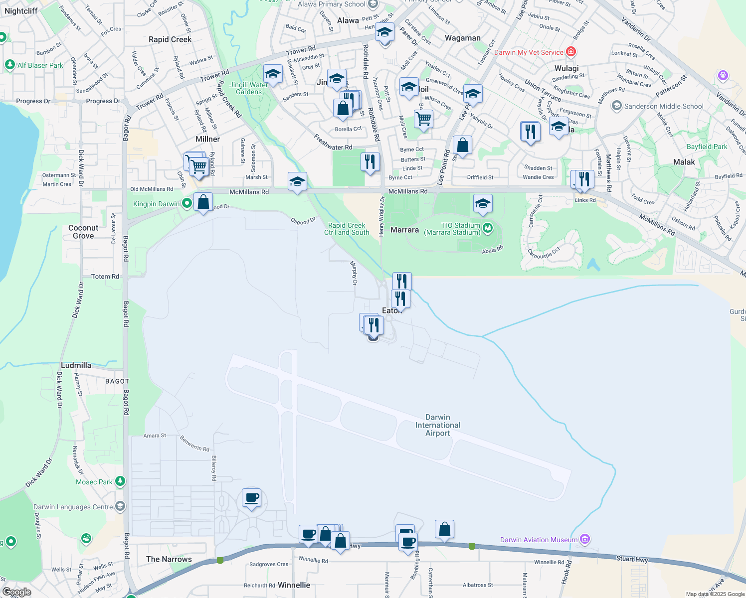 map of restaurants, bars, coffee shops, grocery stores, and more near 1 Henry Wrigley Drive in Eaton