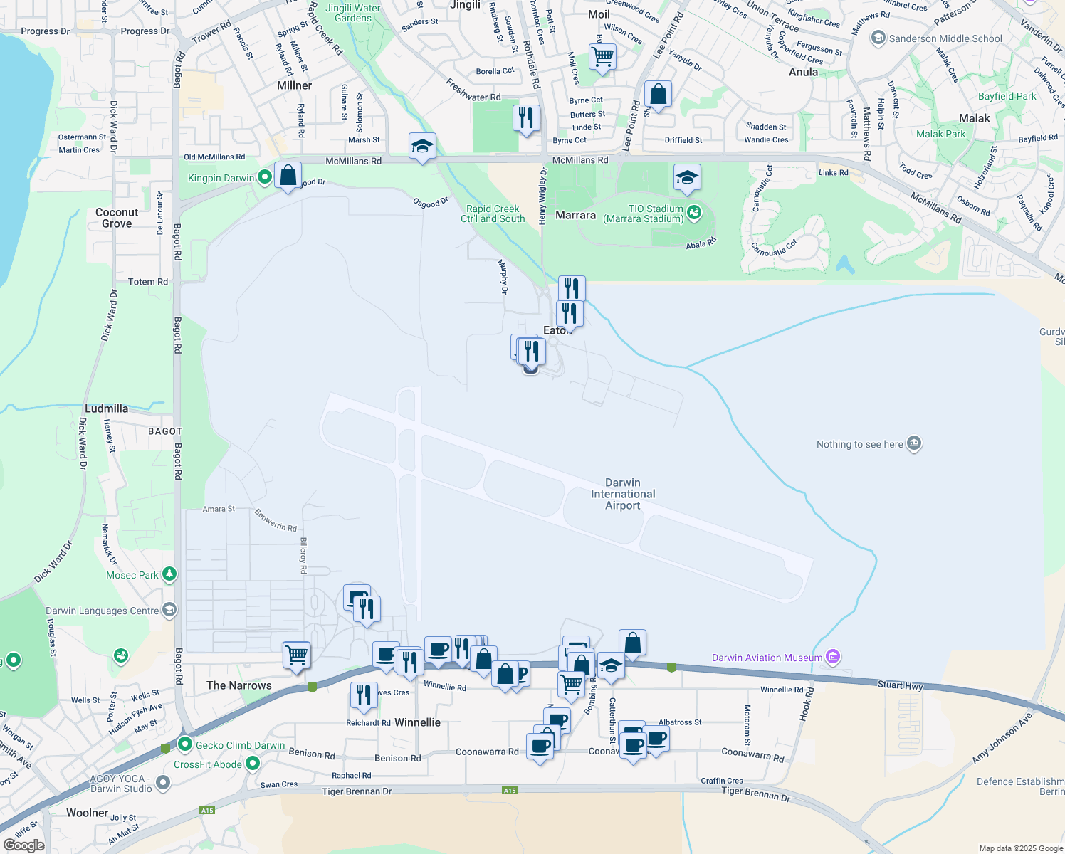 map of restaurants, bars, coffee shops, grocery stores, and more near 1 Henry Wrigley Drive in Eaton