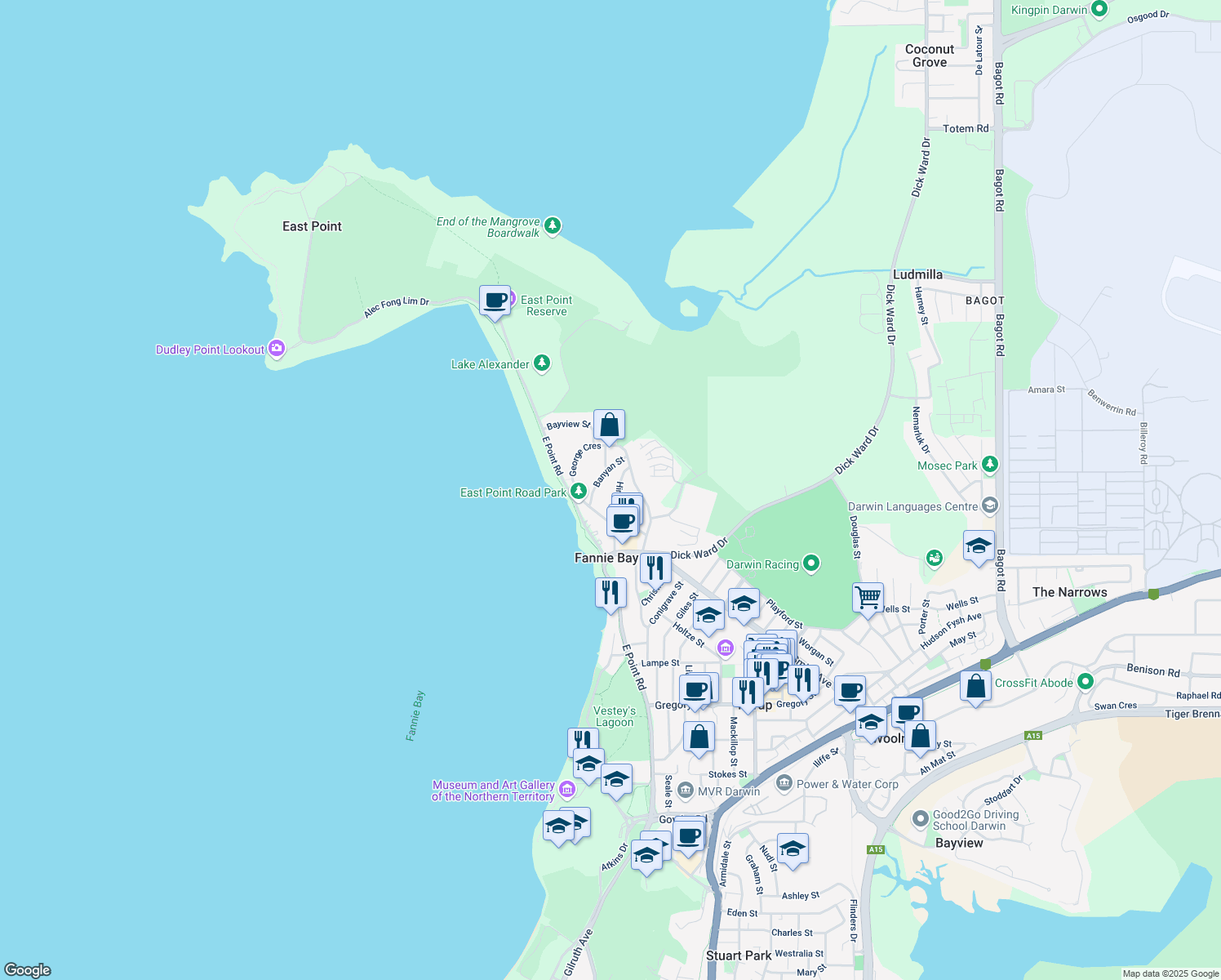 map of restaurants, bars, coffee shops, grocery stores, and more near 13 Hinkler Crescent in Fannie Bay
