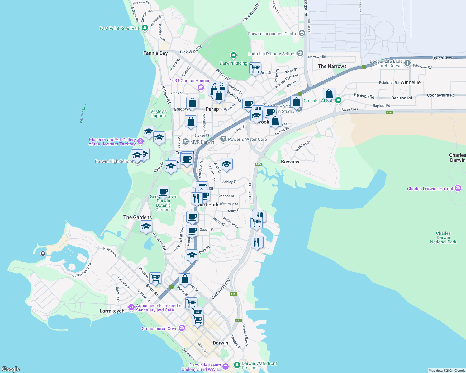 map of restaurants, bars, coffee shops, grocery stores, and more near 31 Eden Street in Stuart Park