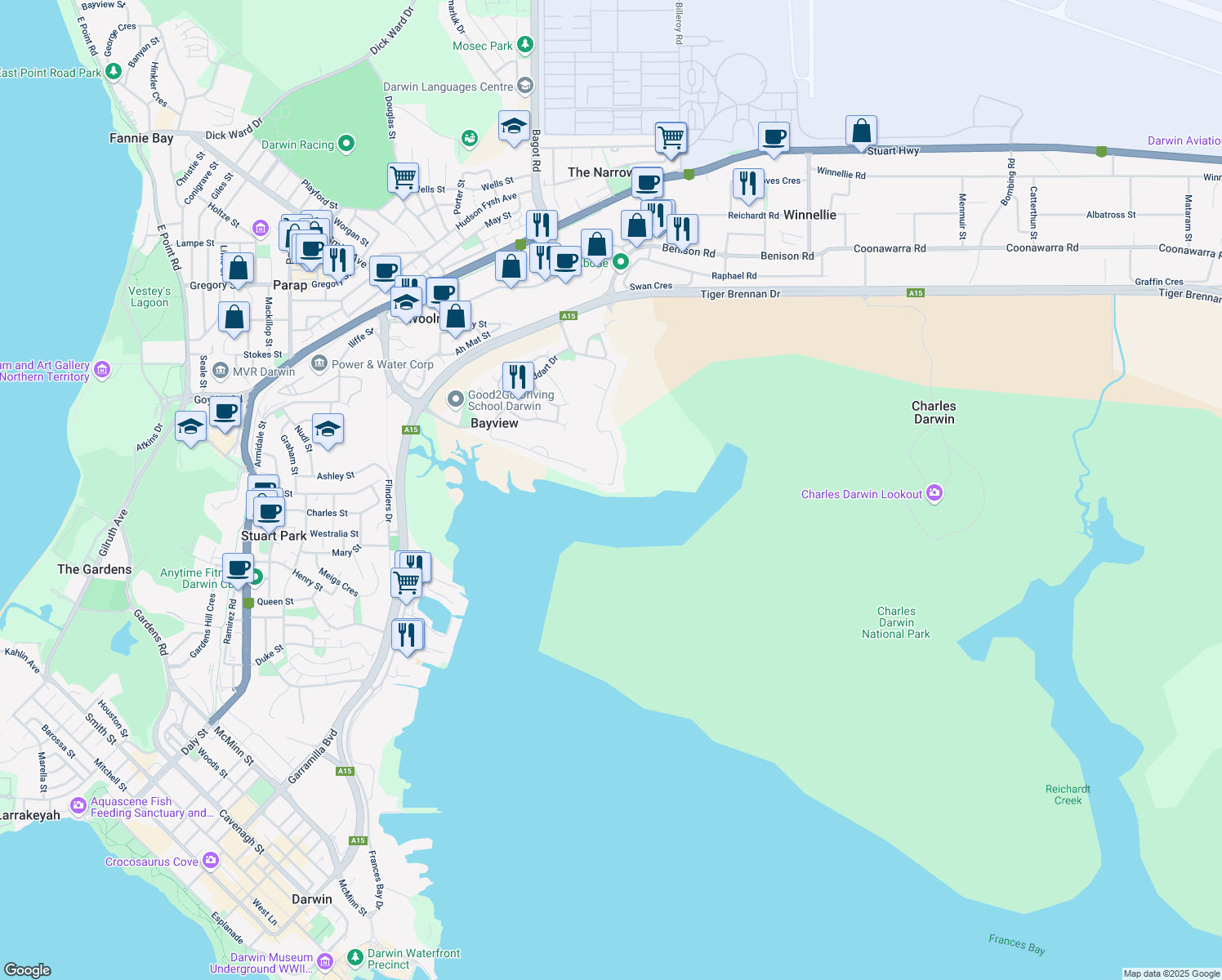 map of restaurants, bars, coffee shops, grocery stores, and more near 81 O'Ferrals Road in Bayview