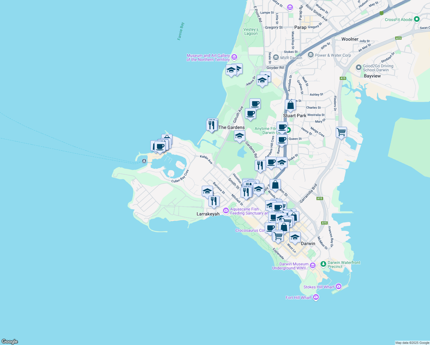 map of restaurants, bars, coffee shops, grocery stores, and more near 5 Merkur Court in Larrakeyah