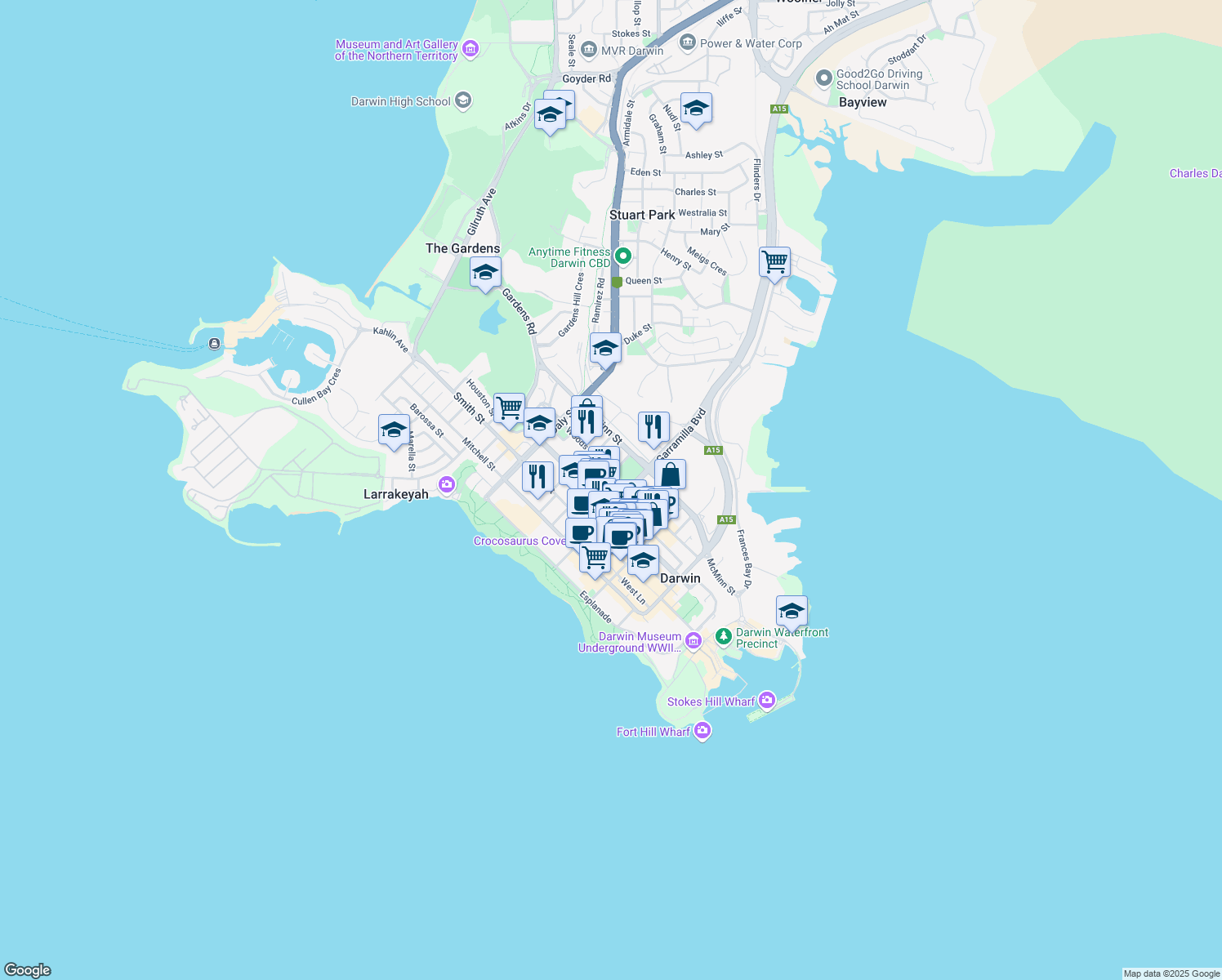 map of restaurants, bars, coffee shops, grocery stores, and more near 64 Cavenagh Street in Darwin