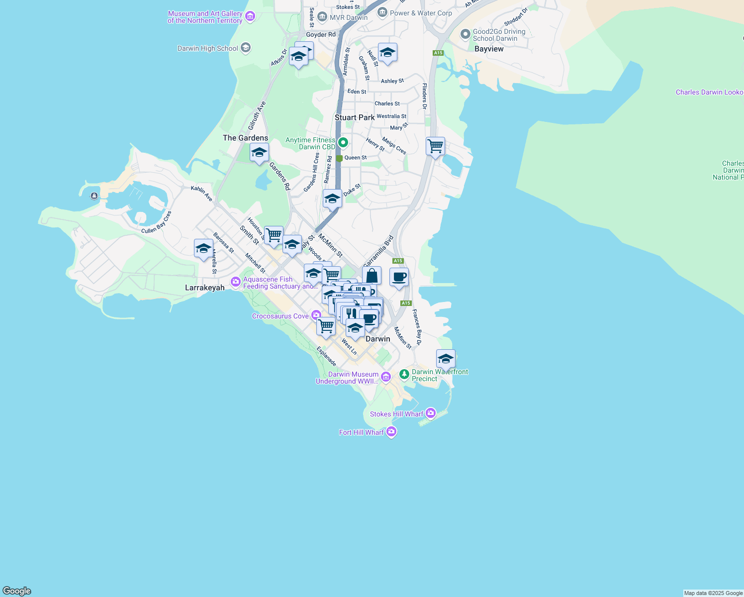 map of restaurants, bars, coffee shops, grocery stores, and more near 51 Knuckey Street in Darwin