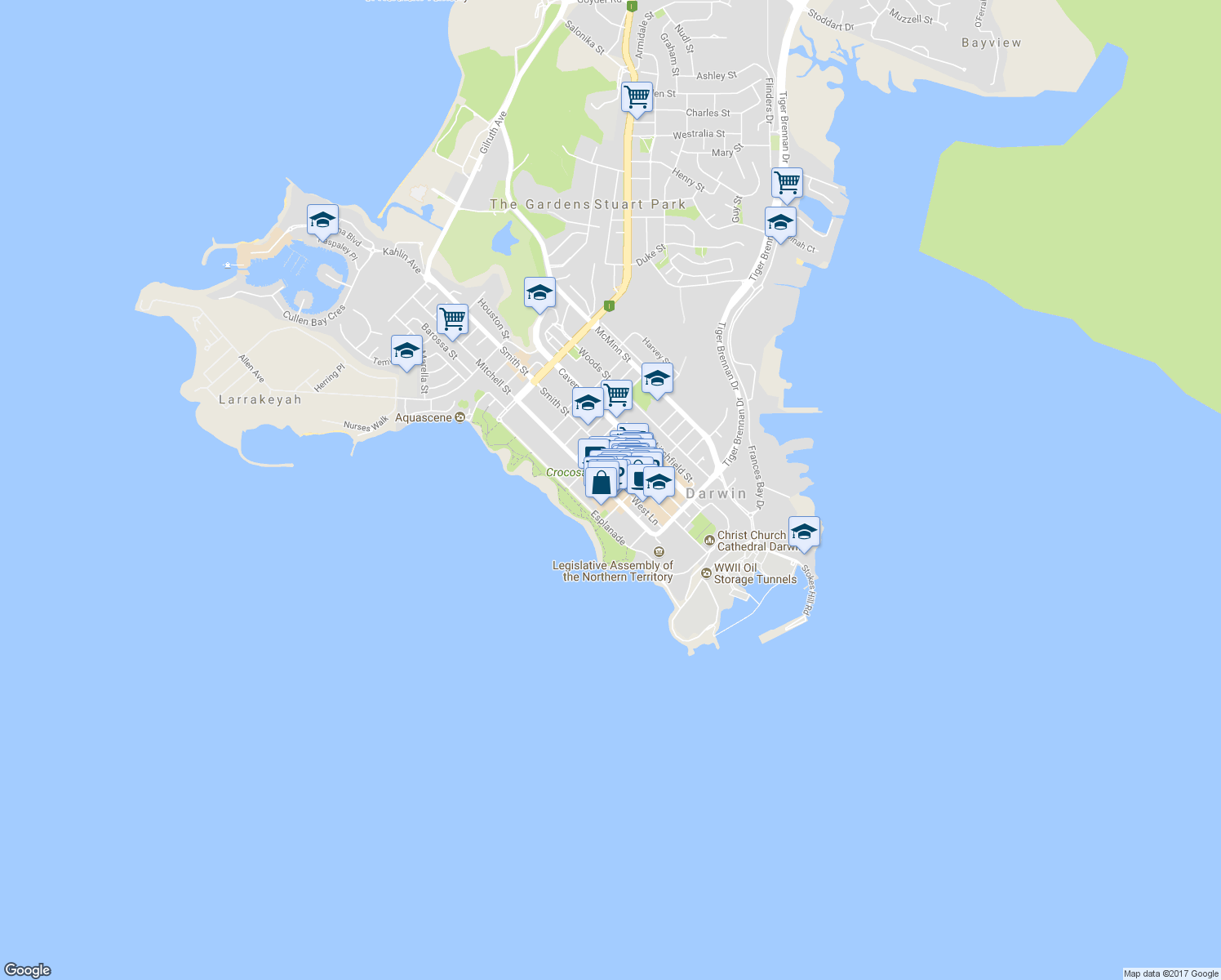 map of restaurants, bars, coffee shops, grocery stores, and more near 48 Mitchell St in Darwin