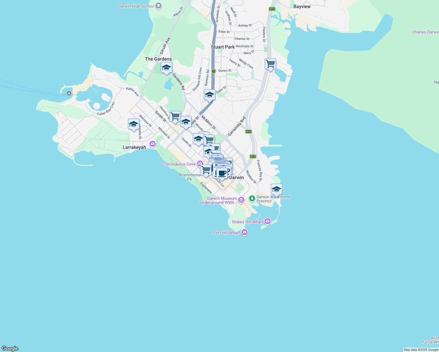map of restaurants, bars, coffee shops, grocery stores, and more near 41 Smith Street in Darwin City