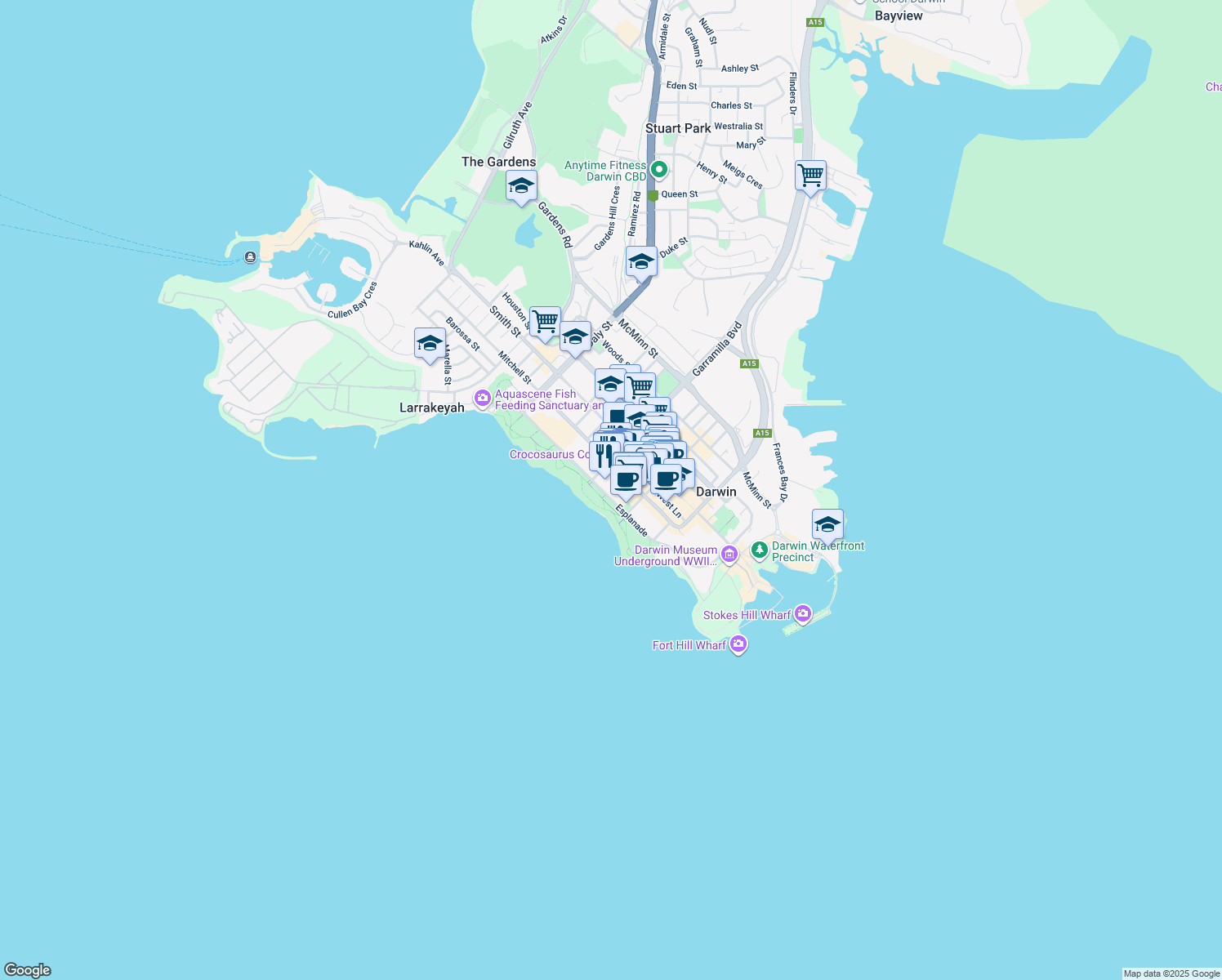 map of restaurants, bars, coffee shops, grocery stores, and more near 84 Esplanade in Darwin