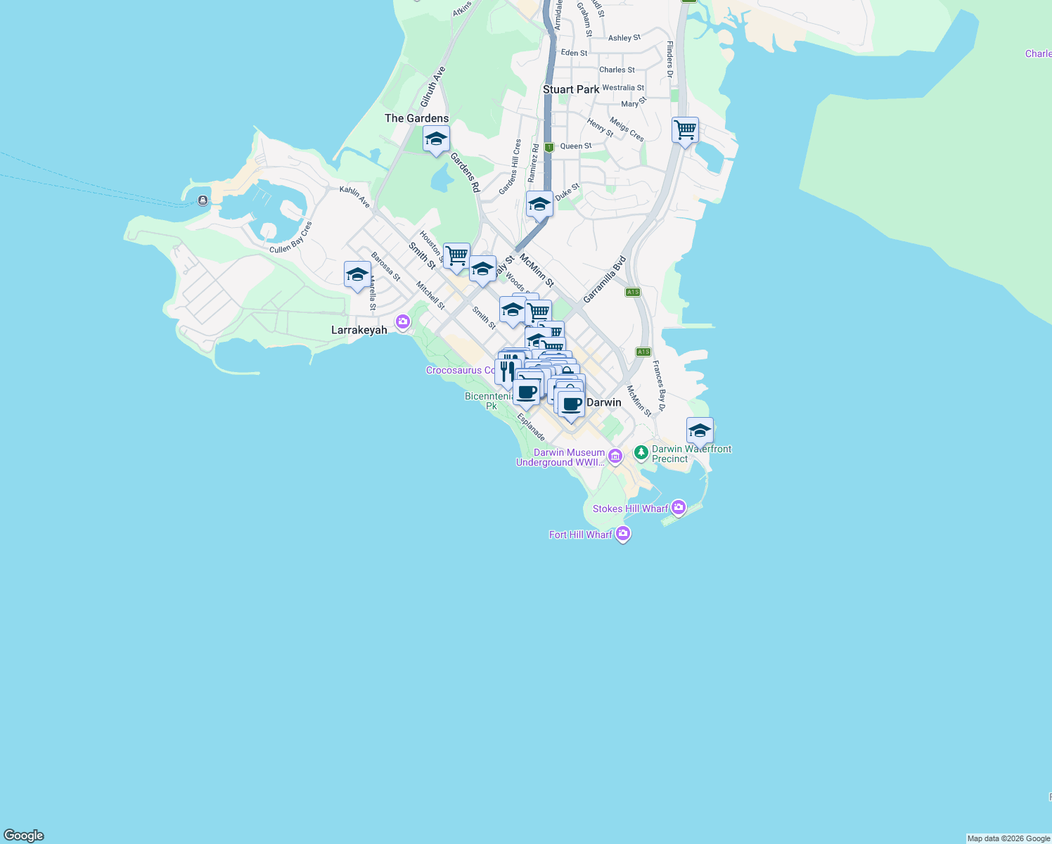 map of restaurants, bars, coffee shops, grocery stores, and more near Esplanade in Darwin City