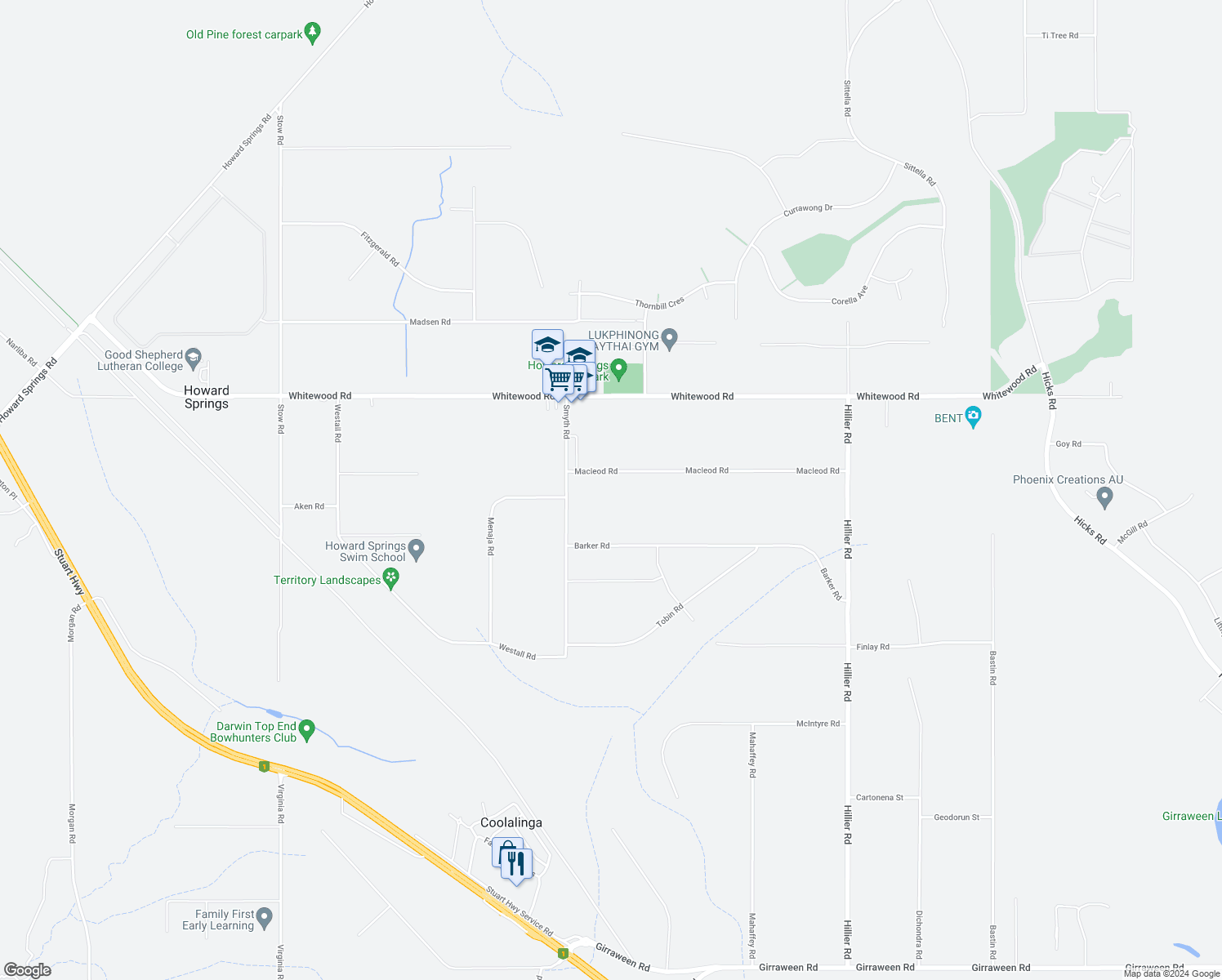 map of restaurants, bars, coffee shops, grocery stores, and more near 30 Macleod Road in Howard Springs