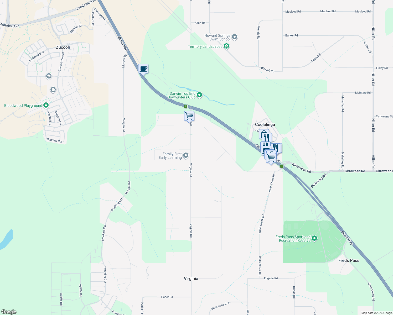 map of restaurants, bars, coffee shops, grocery stores, and more near 83 Virginia Road in Virginia