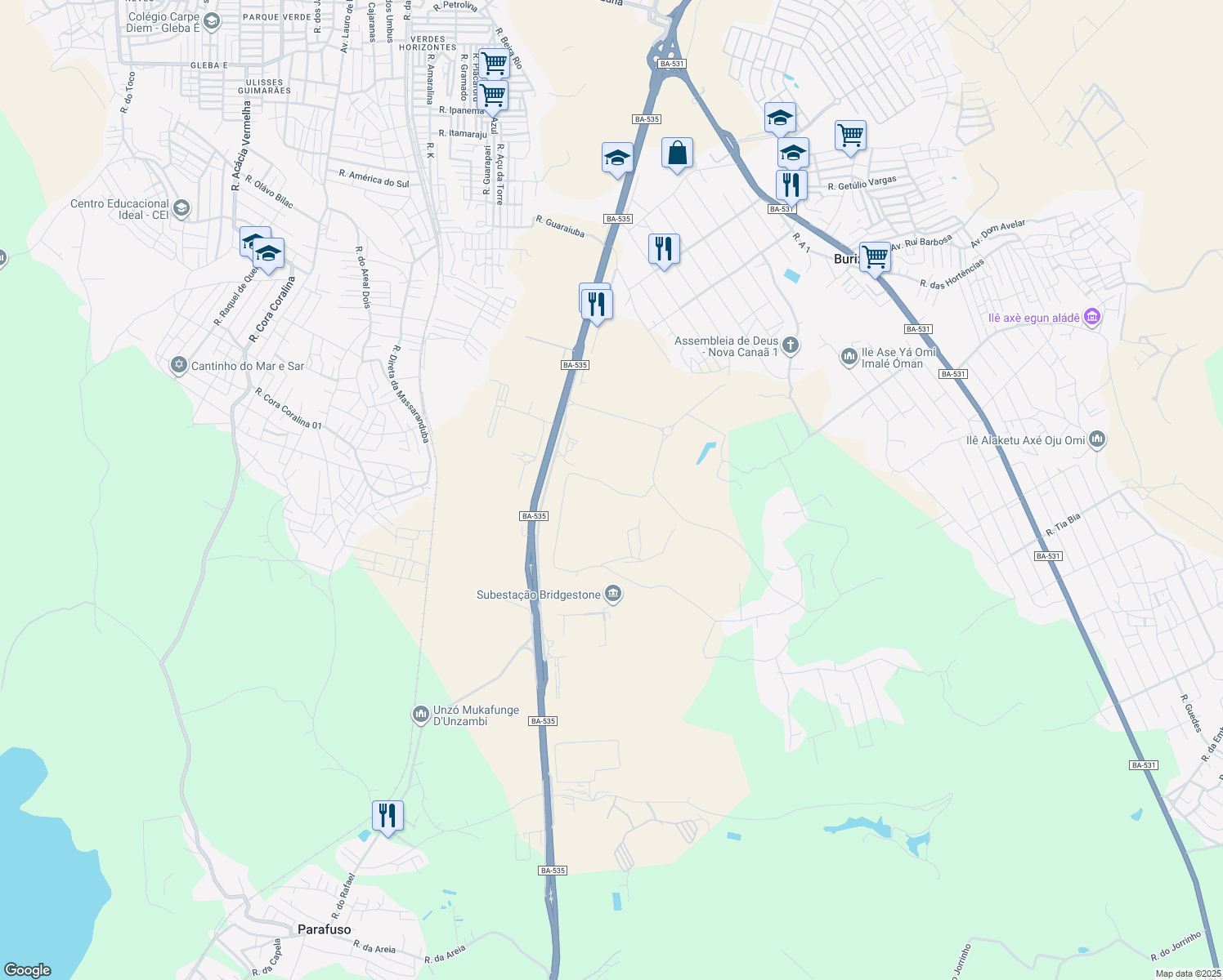 map of restaurants, bars, coffee shops, grocery stores, and more near km 13 BA-535 in Camaçari