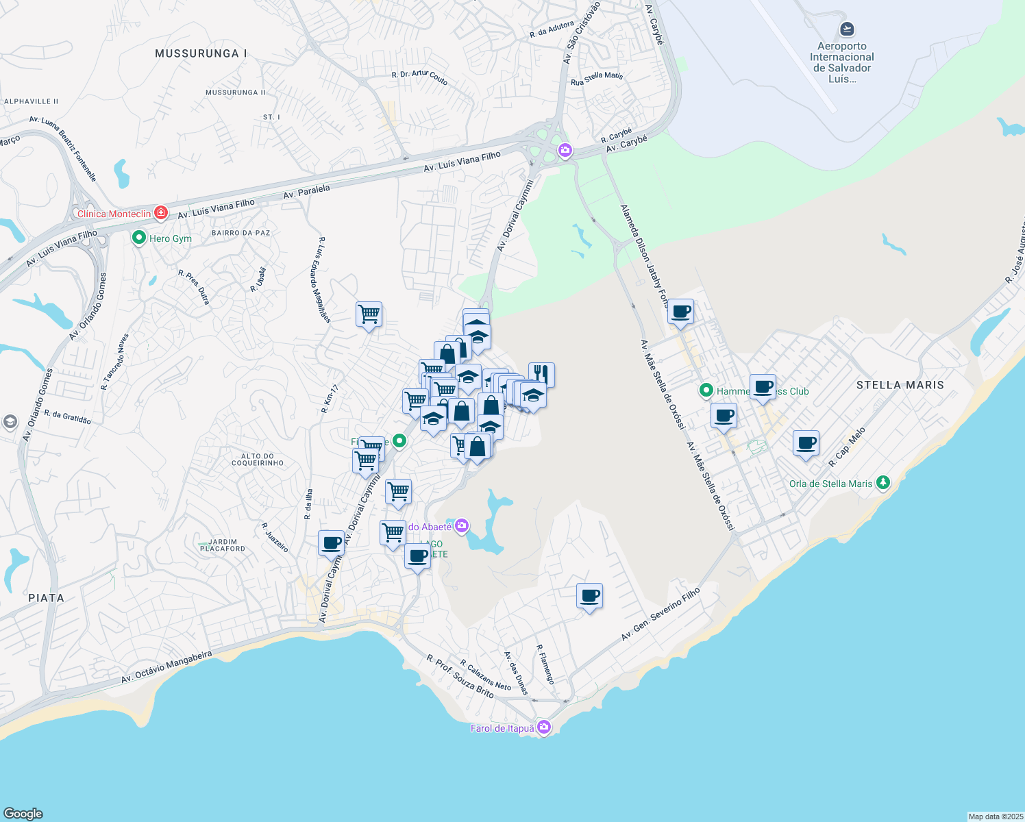 map of restaurants, bars, coffee shops, grocery stores, and more near Rua Luís Viana Filho in Salvador