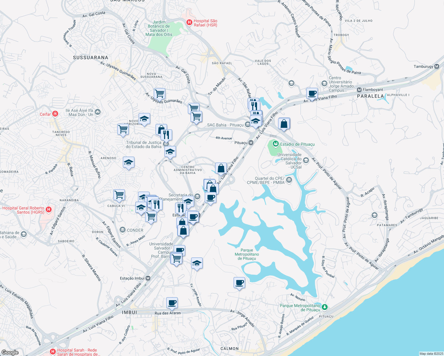 map of restaurants, bars, coffee shops, grocery stores, and more near Rua Luís Viana Filho in Salvador