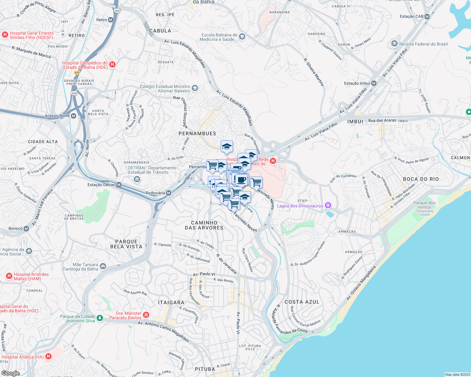 map of restaurants, bars, coffee shops, grocery stores, and more near 3133 Avenida Tancredo Neves in Salvador