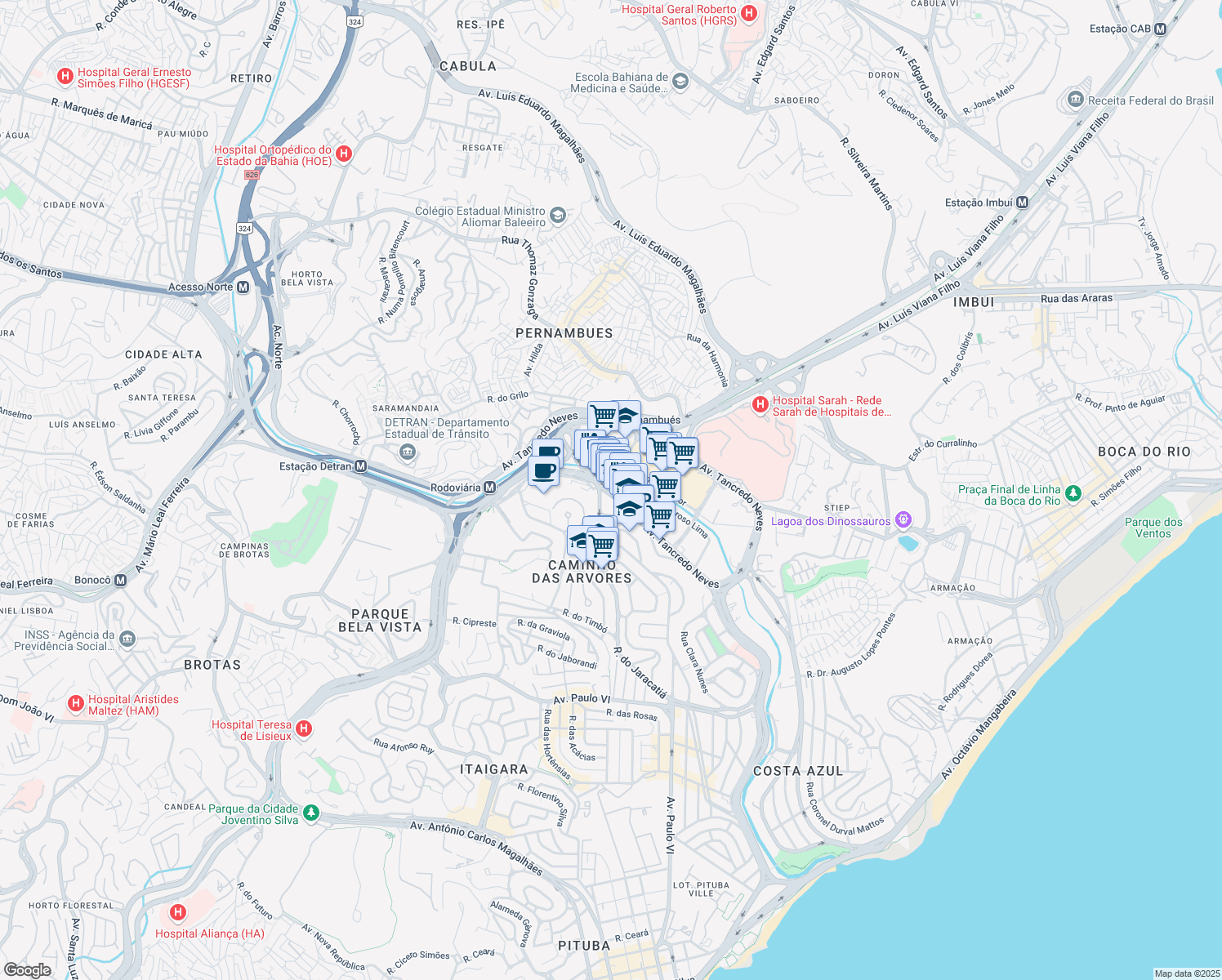 map of restaurants, bars, coffee shops, grocery stores, and more near 3133 Avenida Tancredo Neves in Salvador
