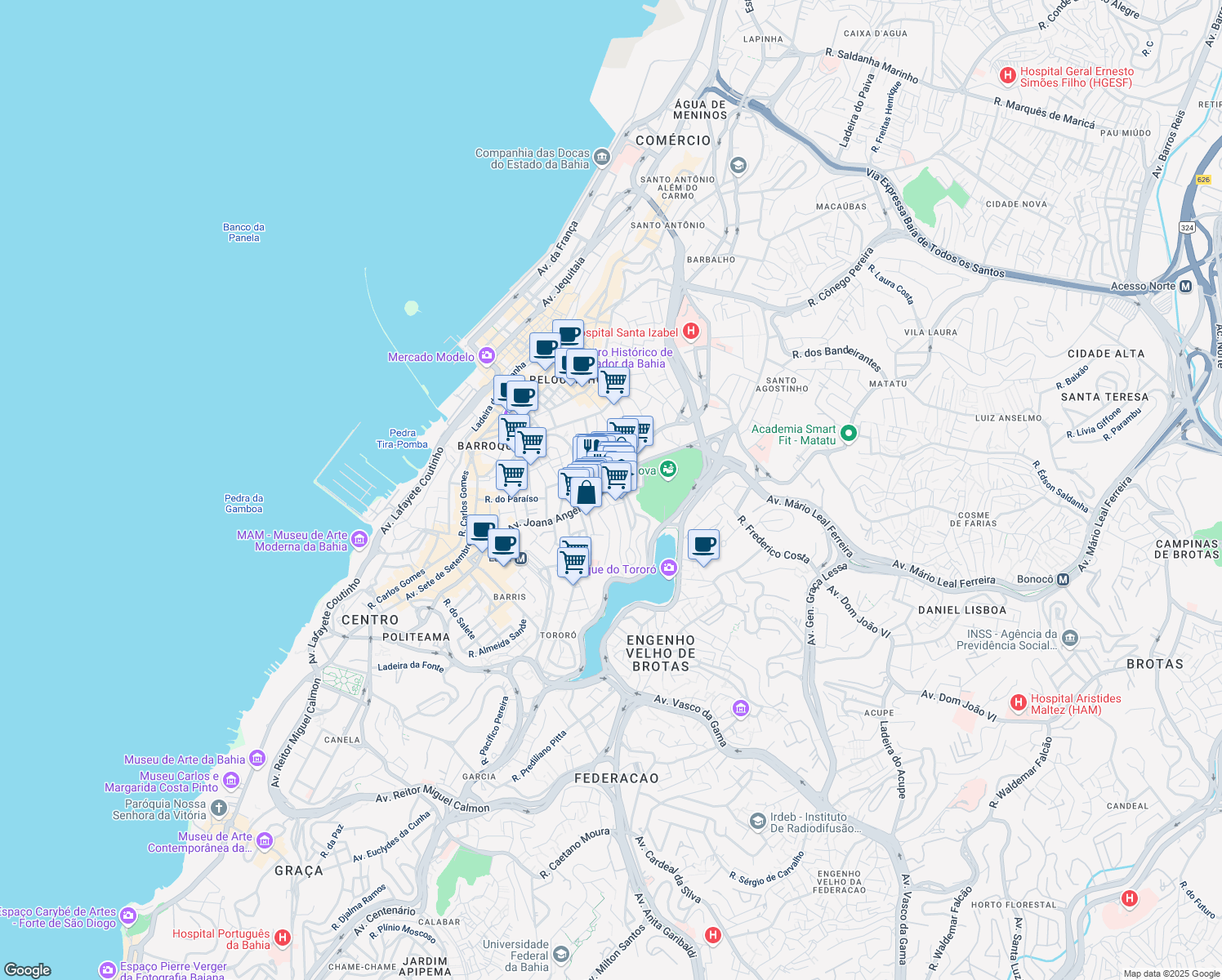 map of restaurants, bars, coffee shops, grocery stores, and more near 842 Avenida Joana Angélica in Salvador