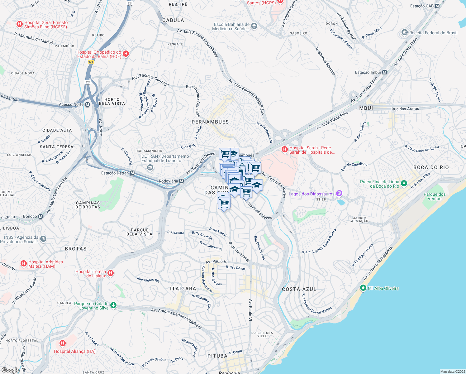 map of restaurants, bars, coffee shops, grocery stores, and more near Avenida Tancredo Neves in Salvador