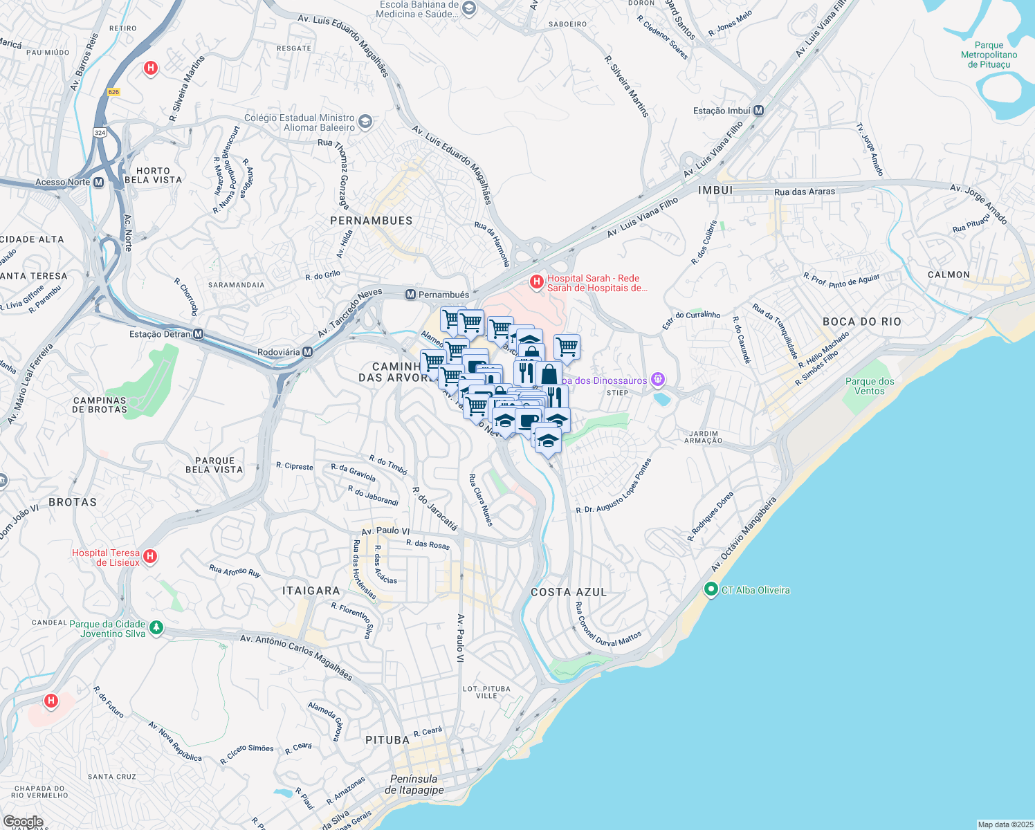 map of restaurants, bars, coffee shops, grocery stores, and more near 1963 Avenida Tancredo Neves in Salvador