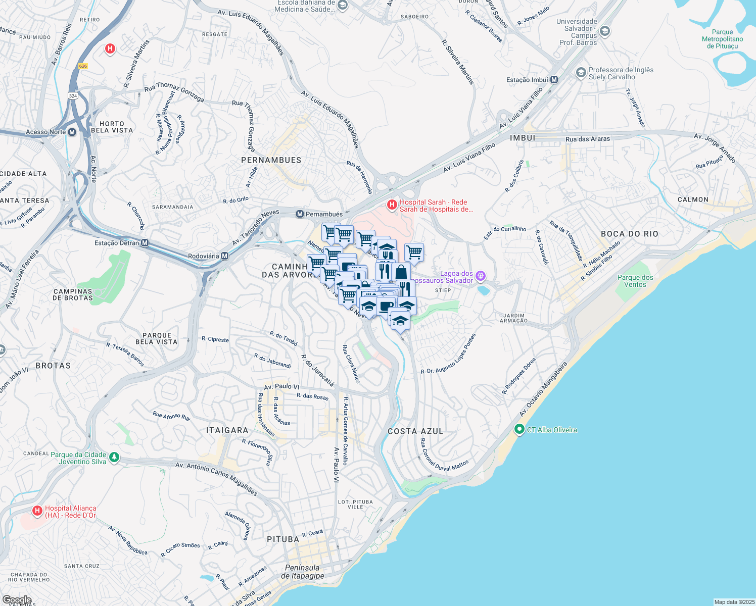 map of restaurants, bars, coffee shops, grocery stores, and more near 1963 Avenida Tancredo Neves in Salvador