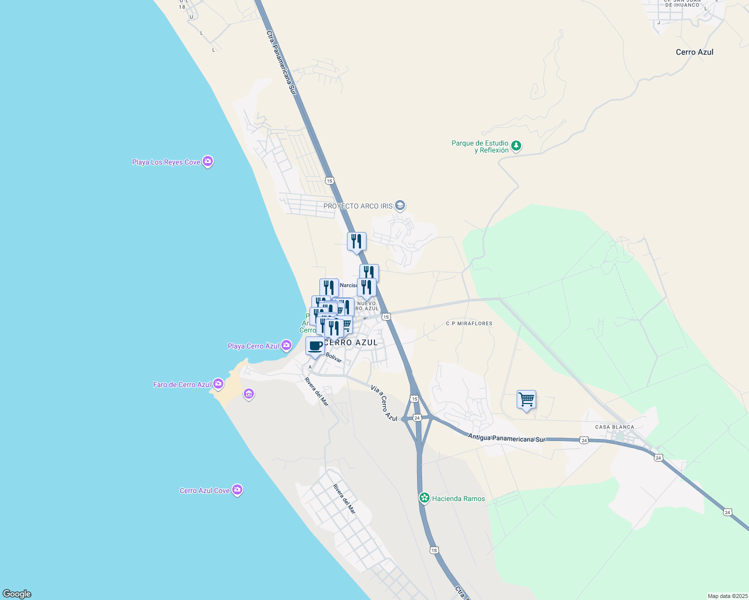 map of restaurants, bars, coffee shops, grocery stores, and more near Hortencias in Cerro Azul