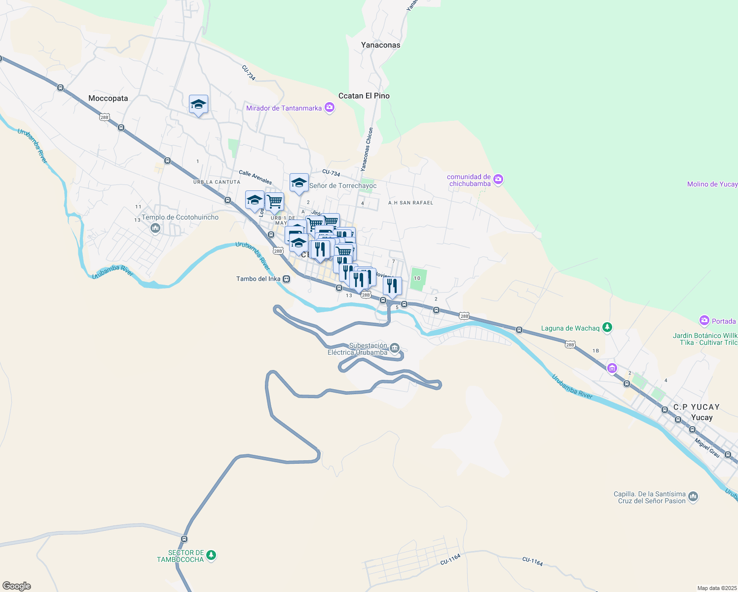 map of restaurants, bars, coffee shops, grocery stores, and more near Avenida Ferrocarril in Urubamba