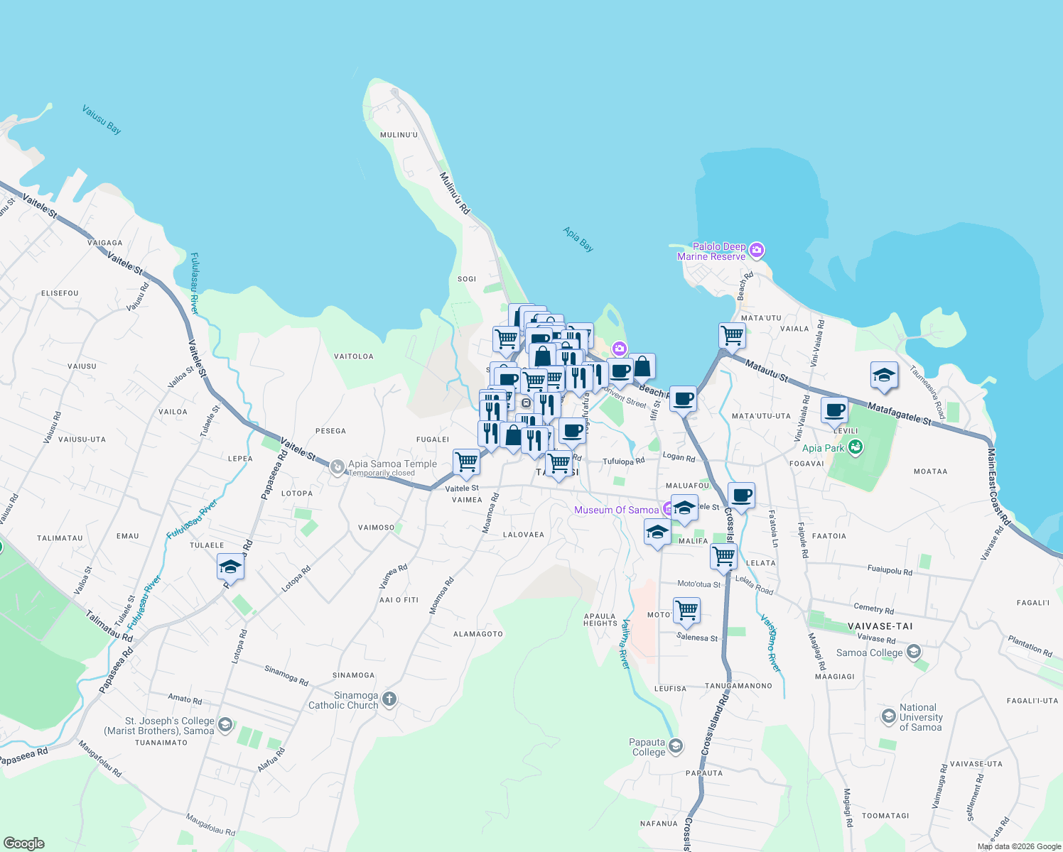 map of restaurants, bars, coffee shops, grocery stores, and more near Saleufi Street in Apia