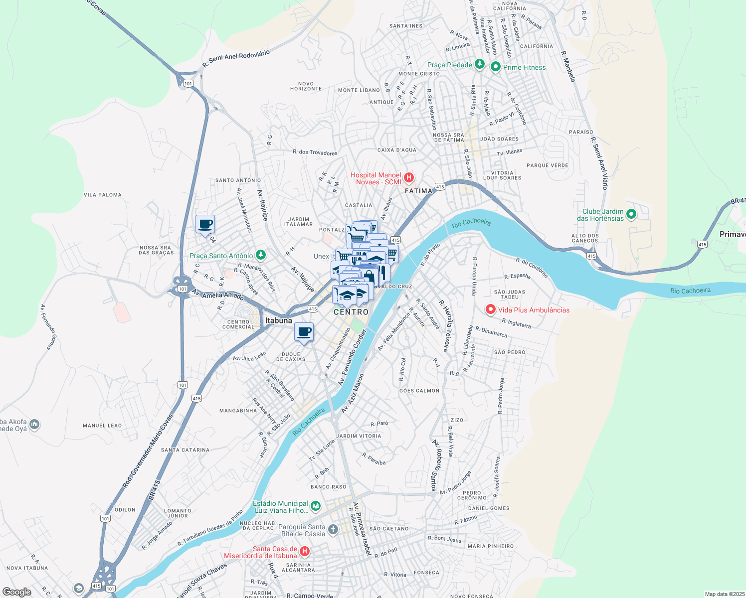 map of restaurants, bars, coffee shops, grocery stores, and more near 128 Avenida Comendador Firmino Alves in Itabuna