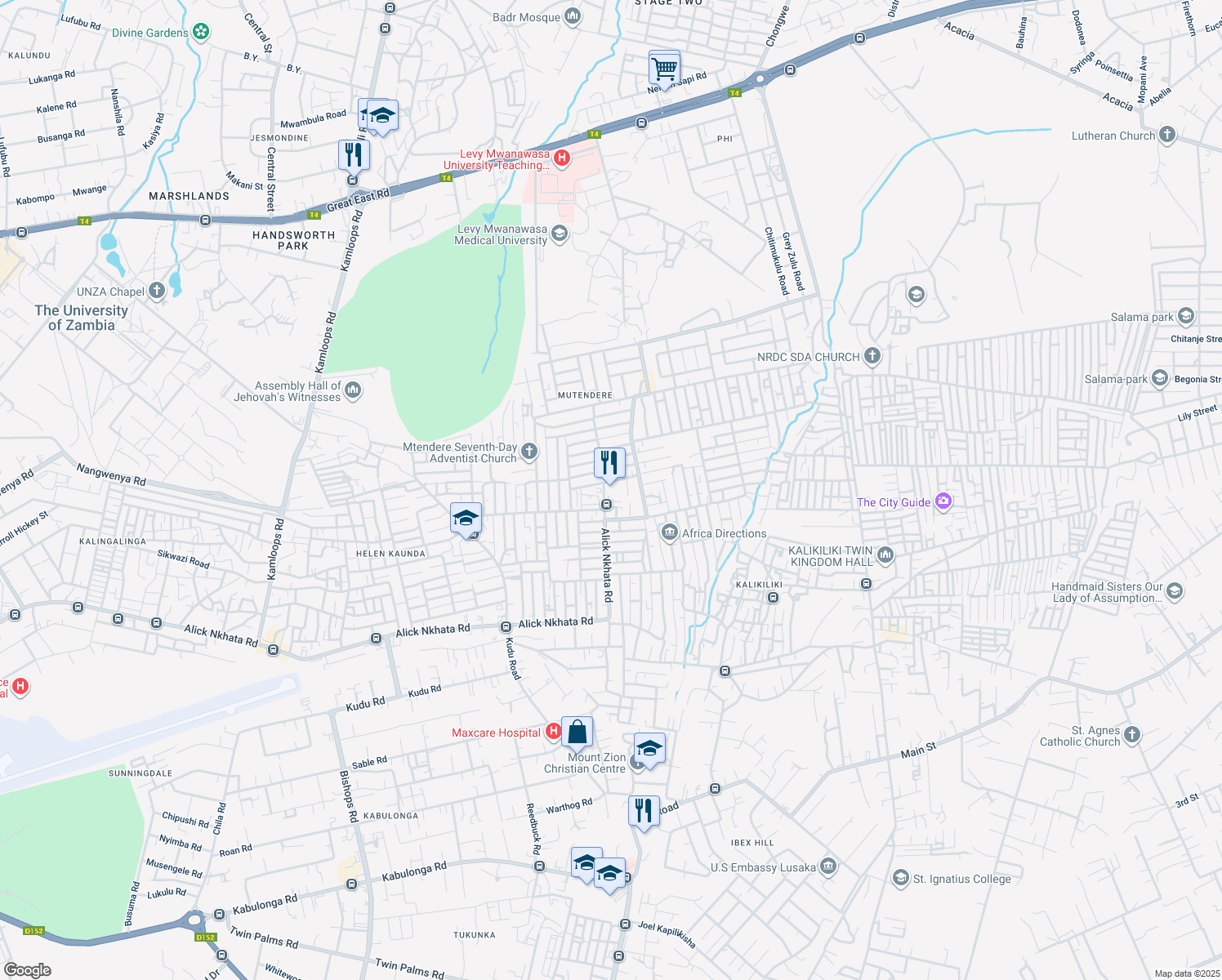 map of restaurants, bars, coffee shops, grocery stores, and more near Alick Nkhata Road in Lusaka