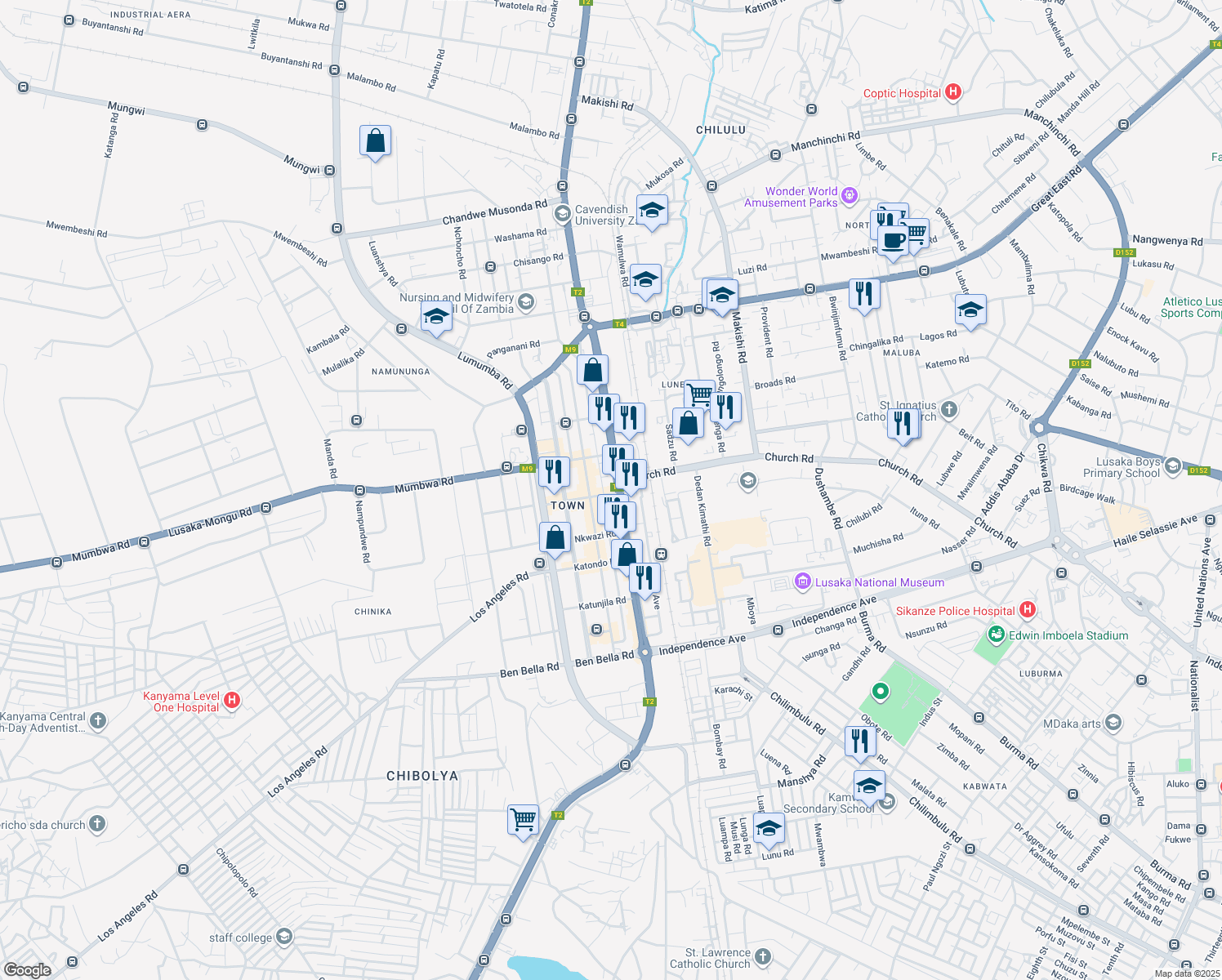 map of restaurants, bars, coffee shops, grocery stores, and more near Chiparamba Road in Lusaka