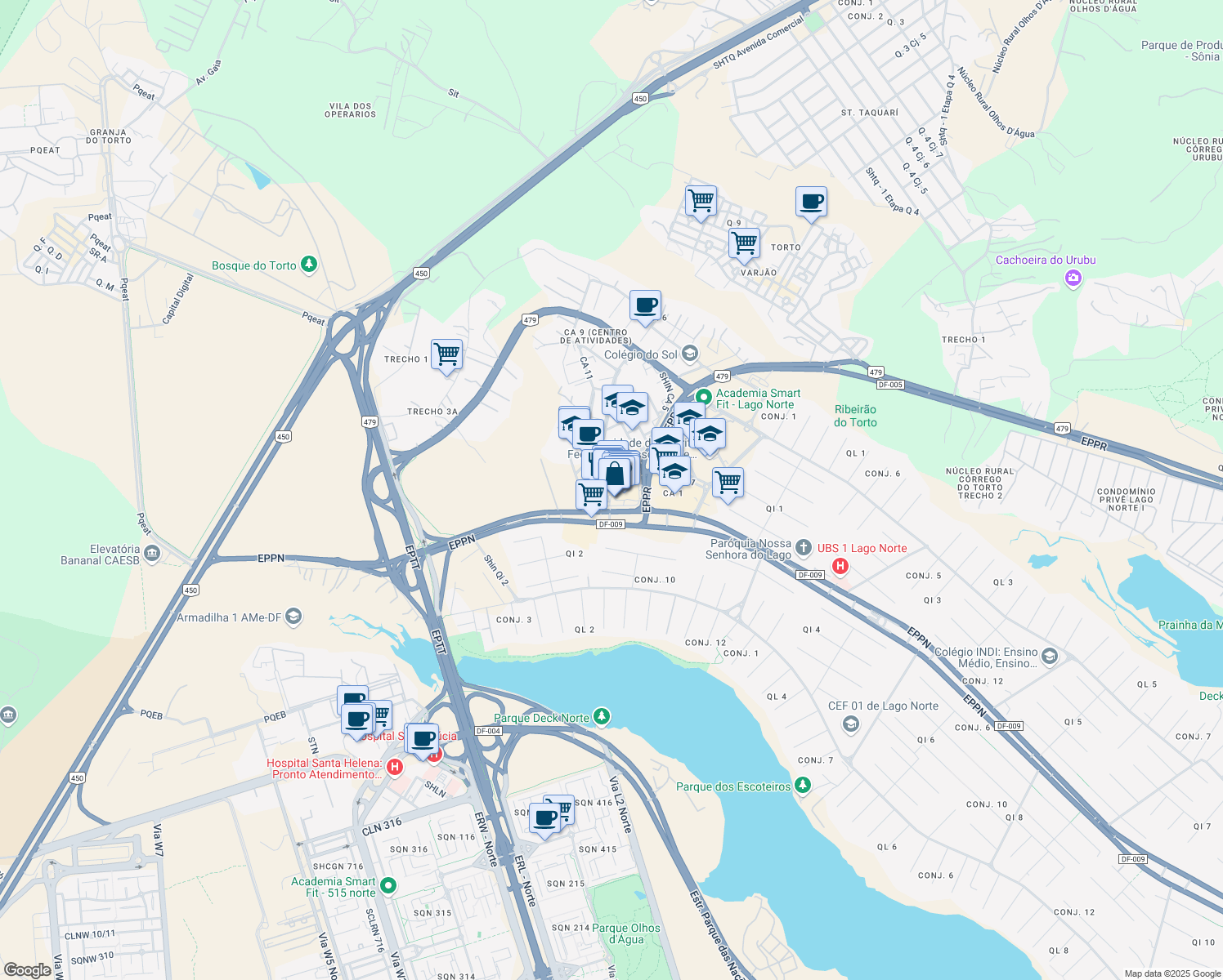map of restaurants, bars, coffee shops, grocery stores, and more near 163 Shin Ca 5 in Brasília