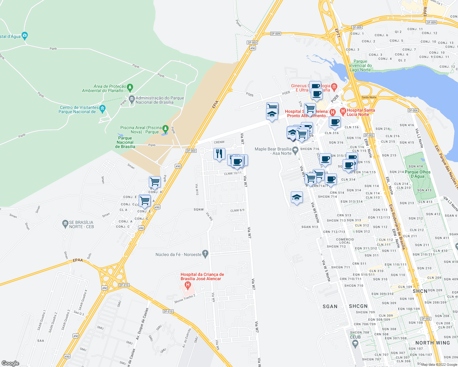 map of restaurants, bars, coffee shops, grocery stores, and more near SHCNW in Brasilia