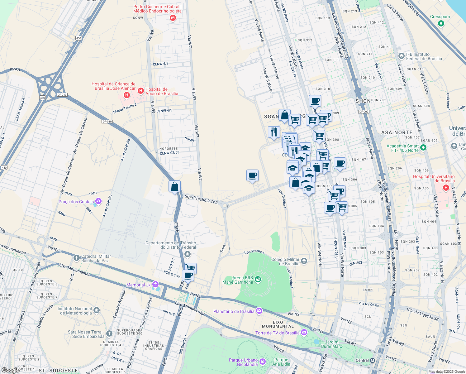 map of restaurants, bars, coffee shops, grocery stores, and more near in Brasília